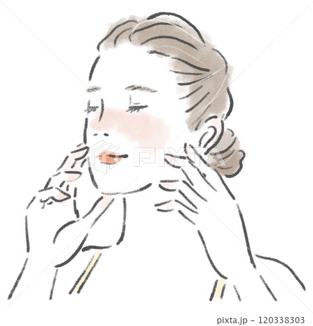 顔に手を当ててスキンケアをしている若い女性 120338303