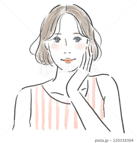 頬に手を当てている笑顔のボブカットの若い女性 120338304