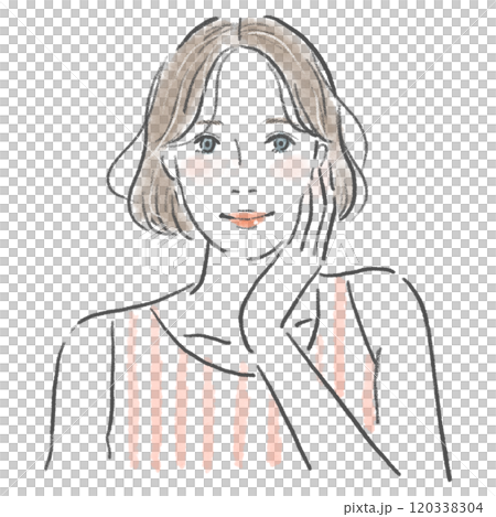 頬に手を当てている笑顔のボブカットの若い女性 120338304