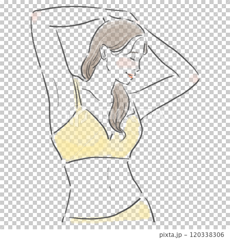 時尚年輕女子的上半身，雙手交叉在頭頂上 120338306