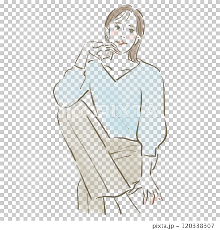 足を組んで座っている笑顔の若い女性 足を組んで座っている笑顔の若い女性 120338307