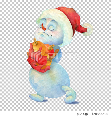 Funny little snowman carries Christmas tree decorations in his hands. Satisfied cute child character isolated on white background. Winter holiday clipart for cards, banners, prints and decorations 120338390