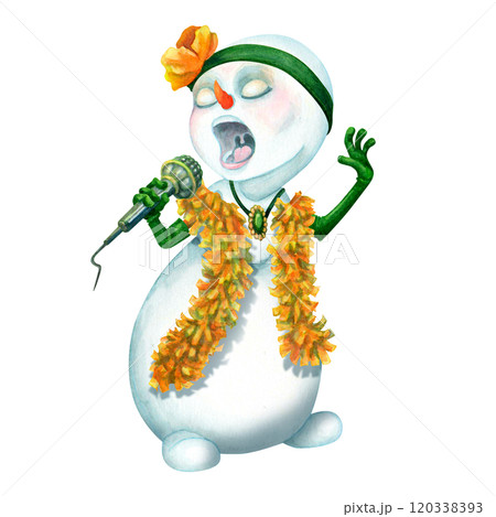 Cute Christmas snowman singing into microphone. Isolated funny snowman character in green gloves, tinsel boa, with a flower on head. Winter Festive clipart for postcards, scrapbooking, holiday design Cute Christmas snowman singing into microphone. Isolated funny snowman character in green gloves, tinsel boa, with a flower on head. Winter Festive clipart for postcards, scrapbooking, holiday design 120338393
