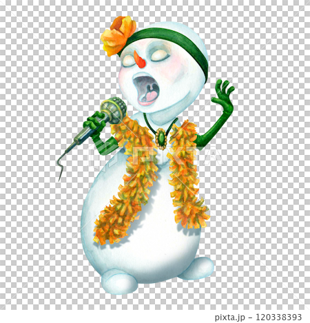 Cute Christmas snowman singing into microphone. Isolated funny snowman character in green gloves, tinsel boa, with a flower on head. Winter Festive clipart for postcards, scrapbooking, holiday design Cute Christmas snowman singing into microphone. Isolated funny snowman character in green gloves, tinsel boa, with a flower on head. Winter Festive clipart for postcards, scrapbooking, holiday design 120338393