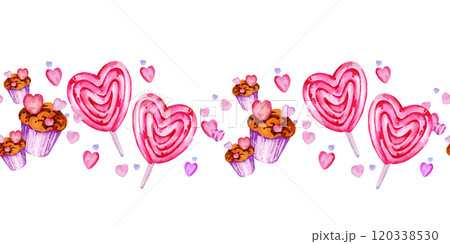 seamless border of valentine day theme with different watercolor hearts, candy, sweets and muffins, hand draw illustration, pink and lilac color board for party decoration, cards, posters on white 120338530