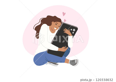 Teenage girl is experiencing addiction from social networks and using smartphone, sitting on floor Teenage girl is experiencing addiction from social networks and using smartphone, sitting on floor 120338632