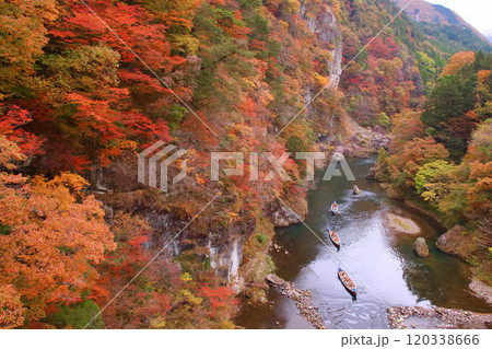日光市　鬼怒川温泉　鬼怒盾岩大吊橋から見た鬼怒川の紅葉とライン下り 120338666