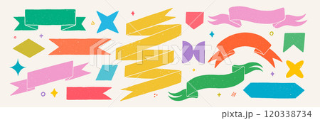 Retro ribbon banners and shapes in rough rustic style. Hand drawn vintage textured badges, banners, flags, and other design elements. Hand-drawn infographic Vector collection 120338734