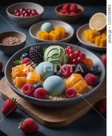 porridge with fruits and vegetables on a served table 120338863