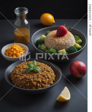porridge with fruits and vegetables on a served table 120338902