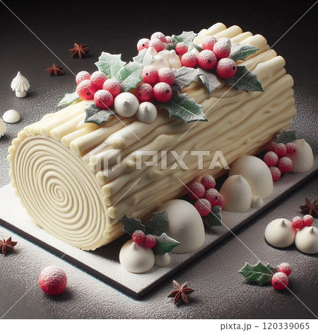 クリスマスの雪景色、ホワイトチョコレートのブッシュ・ド・ノエル 120339065