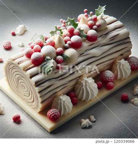 クリスマスの雪景色、ホワイトチョコレートのブッシュ・ド・ノエル 120339066