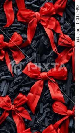 Christmas Background with Coal Pieces and Red Bows Symbolizing Festive and Naughty Themes 120339492