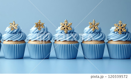 Christmas, New Year. Row cupcakes color blue simple background, Holiday poster, banner, copy space 120339572