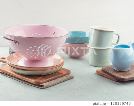 Colorful kitchenware set for different cooking and serving meal needs 120339740
