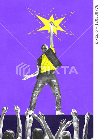 Contemporary art collage. Man in yellow shirt and black vest stands on purple stage holding microphone high as starburst shines behind him, surrounded by audience. Contemporary art collage. Man in yellow shirt and black vest stands on purple stage holding microphone high as starburst shines behind him, surrounded by audience. 120339776