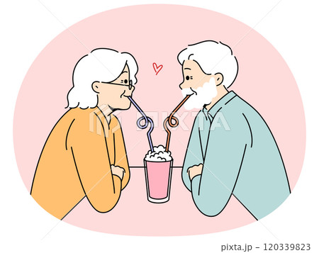 Romantic elderly couple on date, drink one cocktail and experience celebrating wedding anniversary Romantic elderly couple on date, drink one cocktail and experience celebrating wedding anniversary 120339823