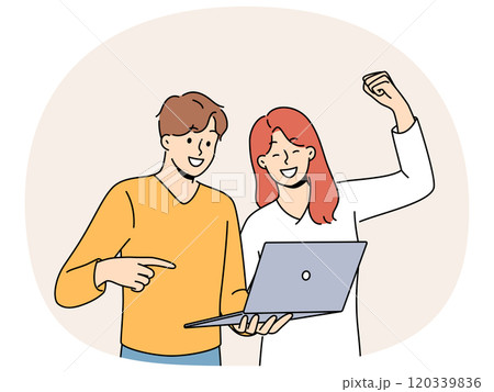 Happy couple with laptop make win gesture after winning in online casino or lottery with cash prize 120339836