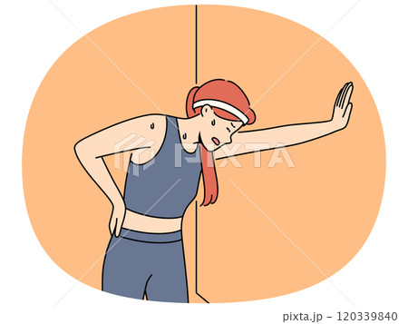Woman runner with sweat on face, leaning against wall and trying to catch breath after long run Woman runner with sweat on face, leaning against wall and trying to catch breath after long run 120339840