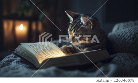 A curious cat reads a book by candlelight in a cozy evening setting 120340079