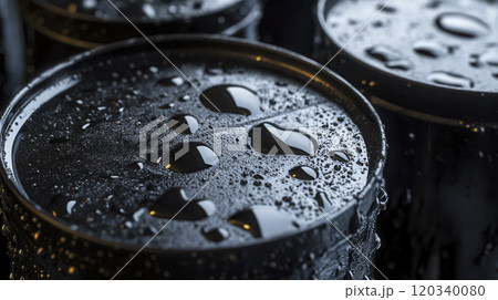Oil barrels. Close-up of condensation on black cans stacked on a wet surface in an indoor setting highlighting moisture details 120340080