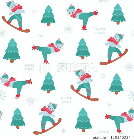 Winter seamless pattern with cute cat on snowboard 120340234