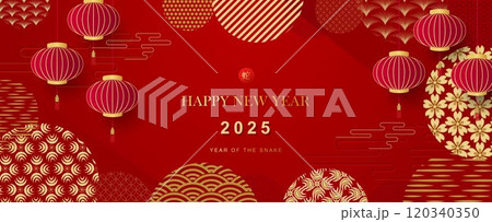 Happy Chinese New Year 2025. Snake zodiac with lanterns, clouds on a red background for the design of cards, posters, banners. Translation Happy New Year of the Snake Happy Chinese New Year 2025. Snake zodiac with lanterns, clouds on a red background for the design of cards, posters, banners. Translation Happy New Year of the Snake 120340350