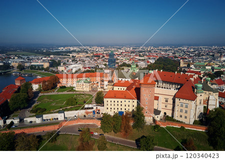 Aerial view of Wawel Castle in Krakow. Medieval royal renaissance architecture. Touristic landmark in Poland Aerial view of Wawel Castle in Krakow. Medieval royal renaissance architecture. Touristic landmark in Poland 120340423