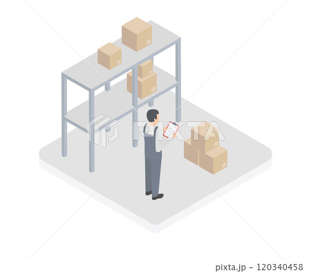 Delivery service concept in 3d isometric design. Man working in logistic company, loading parcel boxes at storage shelves in warehouse. Vector illustration with isometry people scene for web graphic Delivery service concept in 3d isometric design. Man working in logistic company, loading parcel boxes at storage shelves in warehouse. Vector illustration with isometry people scene for web graphic 120340458