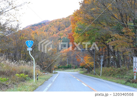 会津西街道の紅葉／栃木県日光市 120340508
