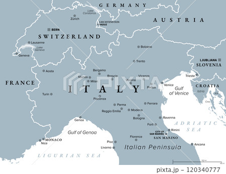 Northern Italy, gray political map. Geographical and cultural region in the northern part of Italy, a country in Europe. With international borders, and most important and largest cities. Illustration Northern Italy, gray political map. Geographical and cultural region in the northern part of Italy, a country in Europe. With international borders, and most important and largest cities. Illustration 120340777
