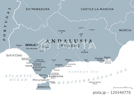 Andalusia, a region of Spain, with capital Seville, gray political map. Southernmost autonomous community in Peninsular Spain, located in the south of the Iberian Peninsula, in southwestern Europe. 120340778