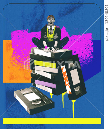 Stylish young man sits atop pile of VHS tapes, against abstract colorful background. Contemporary art collage. Stylish young man sits atop pile of VHS tapes, against abstract colorful background. Contemporary art collage. 120340801