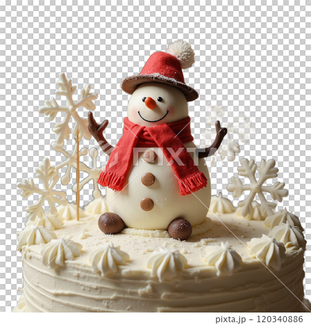 雪だるまのフィギュアが飾られた冬のデコレーションケーキ 120340886