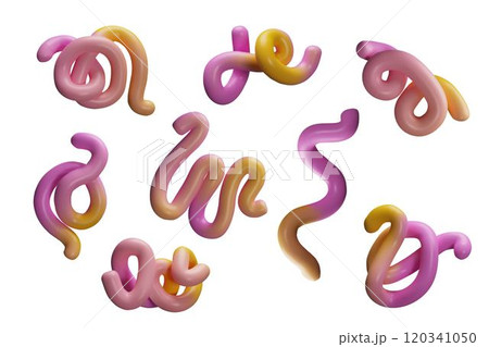 3D figures made in pink and yellow colors in form curved pipes of irregular shape. 120341050