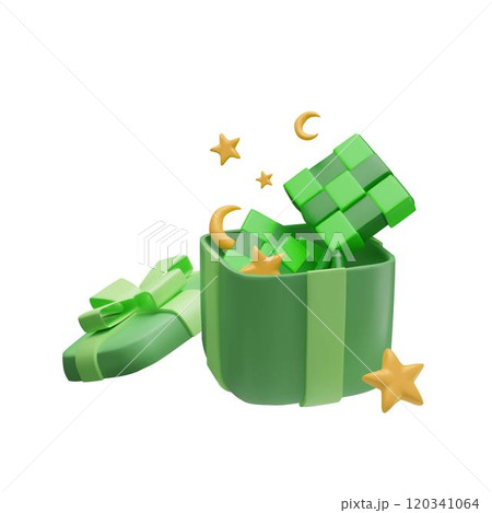 Happy Eid Mubarak 3D design with open green gift box of Ketupat, golden crescent moon, Eid Al Fitr vector Islamic symbol 120341064