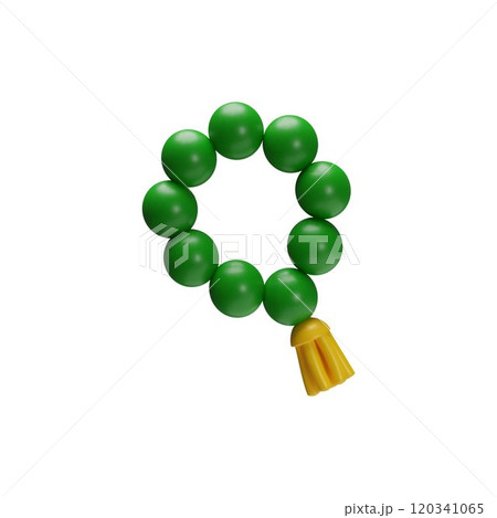 Prayer beads, Muslim rosary 3D plastic vector icon, realistic green bead with tassel for mantras Islamic religion symbol 120341065
