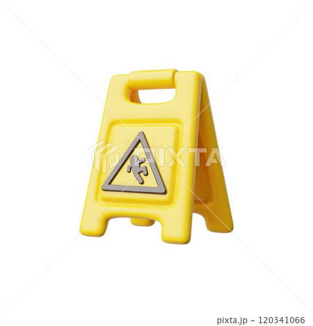 Wet floor caution sign 3D plastic vector icon, realistic housekeeping cleaning equipment yellow board with falling human 120341066