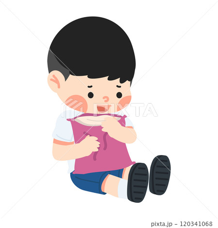Kid sitting on the floor hug a pillow 120341068