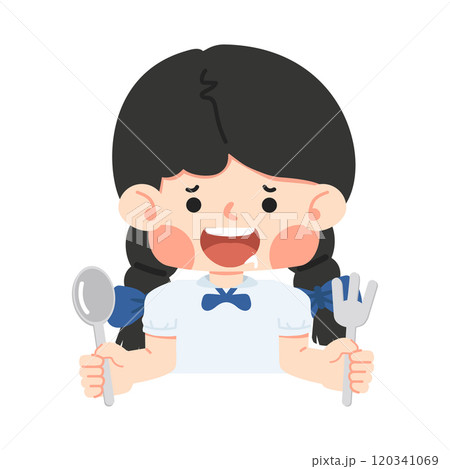 Kid girl hungry holding a fork and spoon 120341069