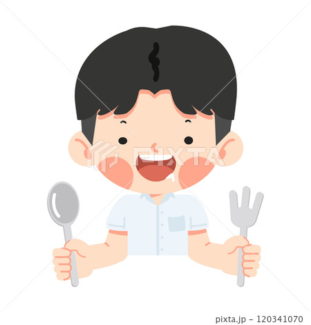 Kid boy hungry holding a fork and spoon 120341070