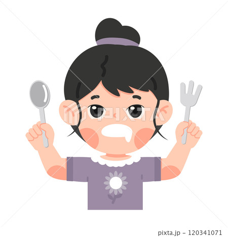 Cute girl hungry holding fork and spoon 120341071