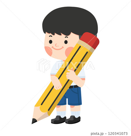 Cartoon boy holding a big pencil 120341073