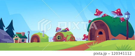 Cartoon game various huts in fairy village, vector cute dwarf houses with grass and fly agaric, rural dwellings, lantern Cartoon game various huts in fairy village, vector cute dwarf houses with grass and fly agaric, rural dwellings, lantern 120341112