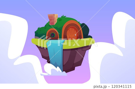 Vector graphics with a levitating island with a house covered with grass surrounded by waterfall Vector graphics with a levitating island with a house covered with grass surrounded by waterfall 120341115