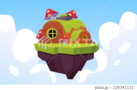 Game island with hut in the sky, vector cartoon cute small fairy tale village house with door, roof covered with grass 120341132