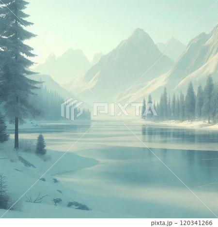 冷たい空気に包まれた冬の湖と山の景色 冷たい空気に包まれた冬の湖と山の景色 120341266