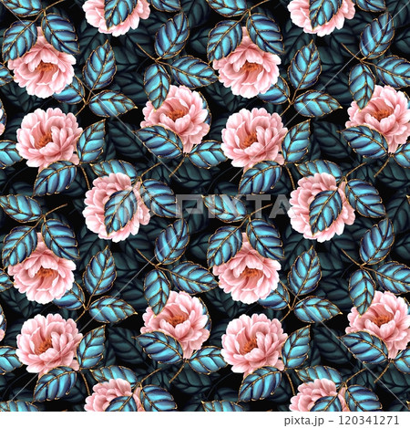 Seamless pattern with decorative rose flowers and leaves. Decorative dark floral background. Seamless pattern with decorative rose flowers and leaves. Decorative dark floral background. 120341271