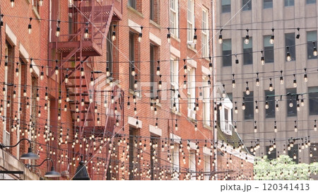 New York City Manhattan building architecture. Red brick house exterior. Real estate property, USA. 120341413