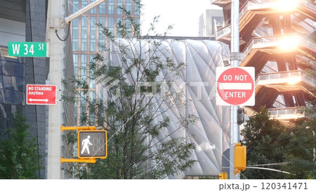 New York City, Hudson Yards urban architecture, Manhattan Midtown 34 street traffic road sign, USA. New York City, Hudson Yards urban architecture, Manhattan Midtown 34 street traffic road sign, USA. 120341471